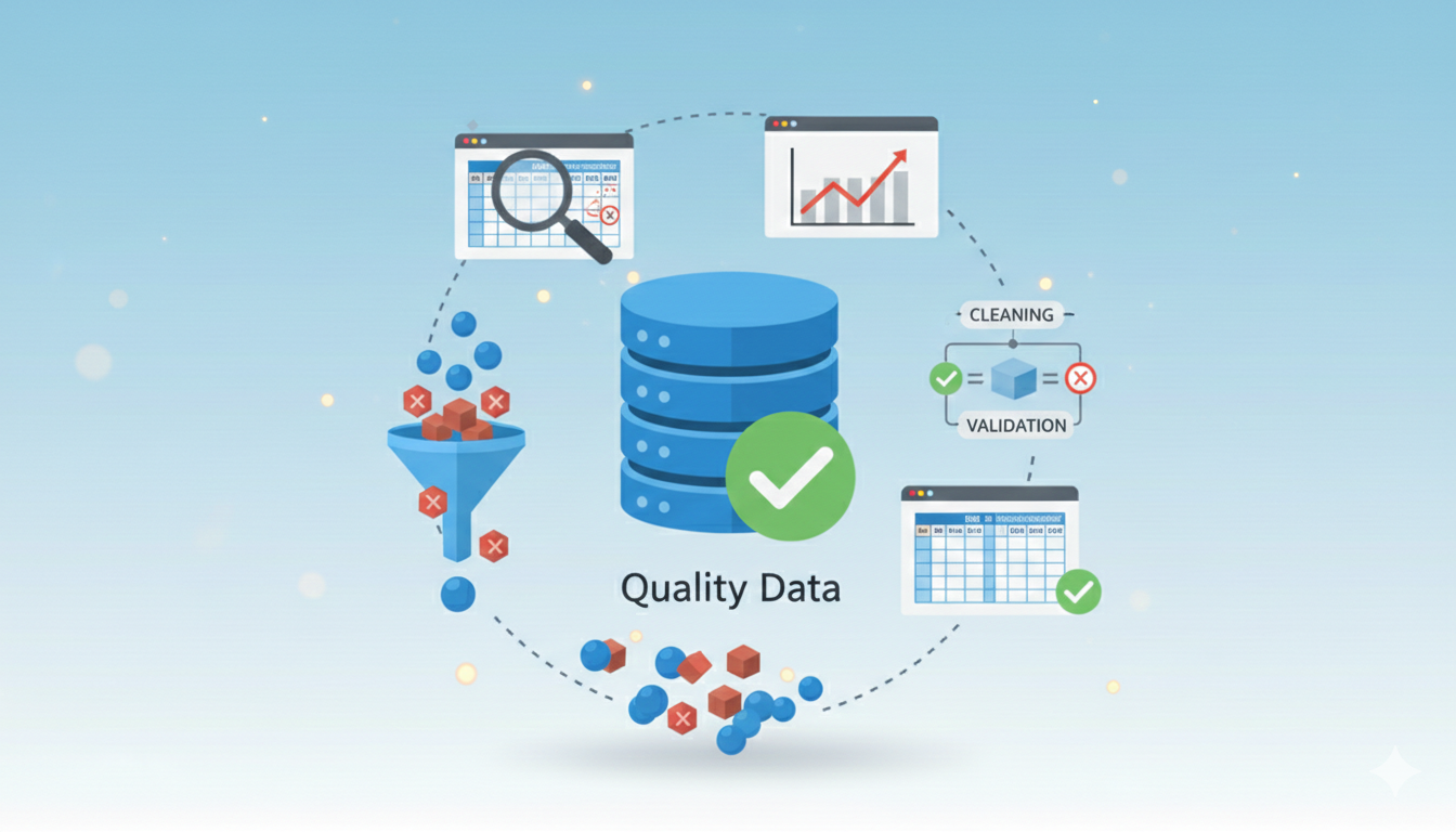 A database symbol in the middle of a cycle with data quality steps.
