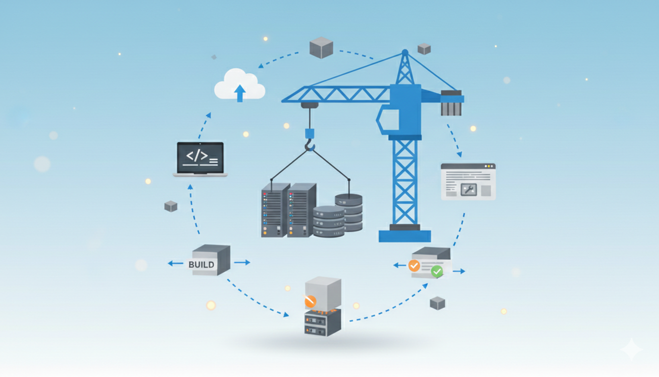 An abstract image of a cube in the center surrounded by other cubes linked.