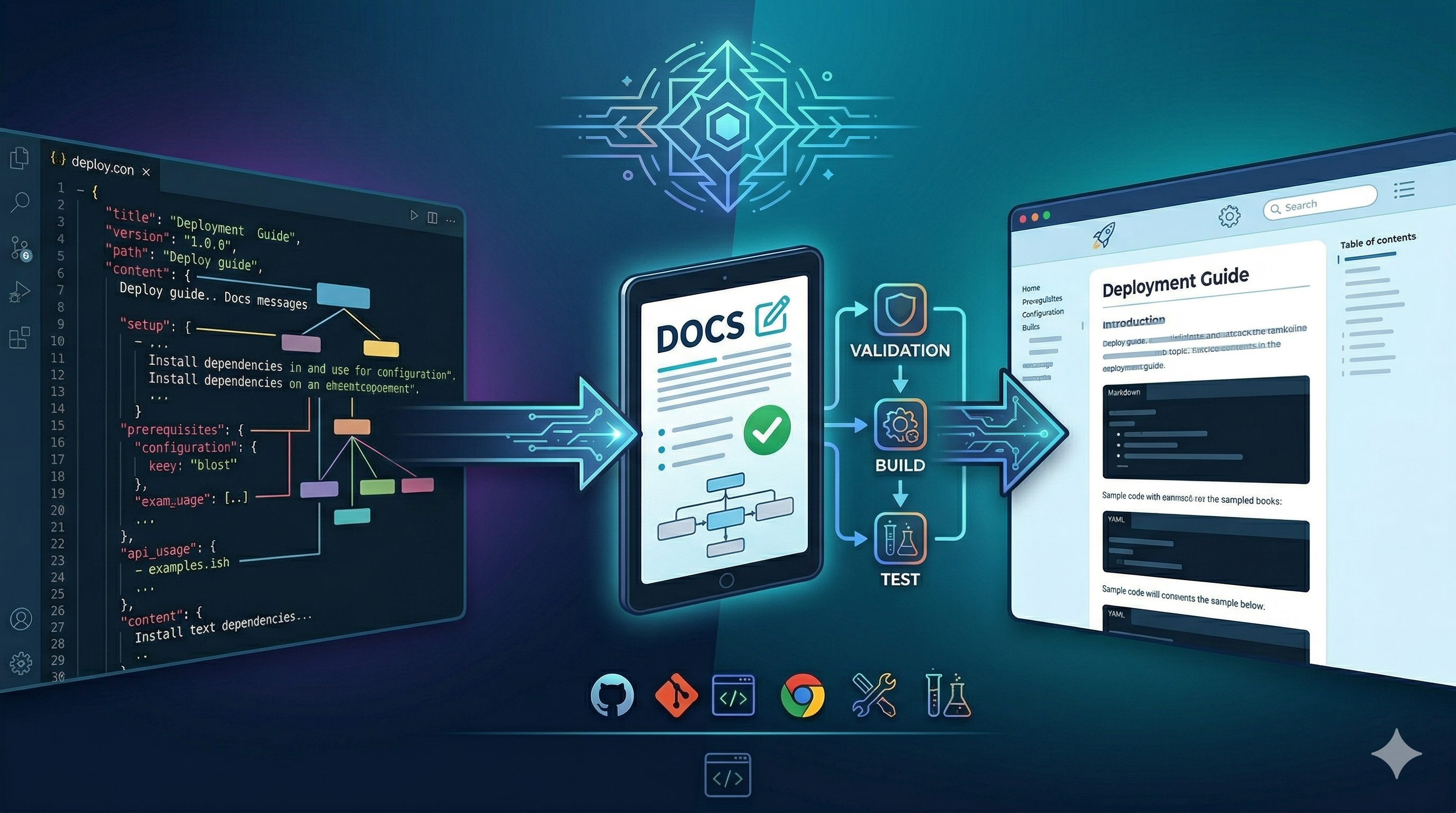 Diagrama mostrando documentação conectada a código, com ícones de Git e AI.